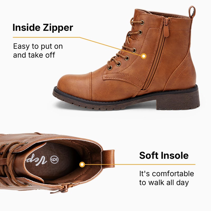 Vepose Women's Brown Ankle Boots Lace up, Flat Fashion Combat Booties Low Heel, 910 - Yellow Brown, Size 8.5 US (CJY910 Brown 08.5) - Image 3